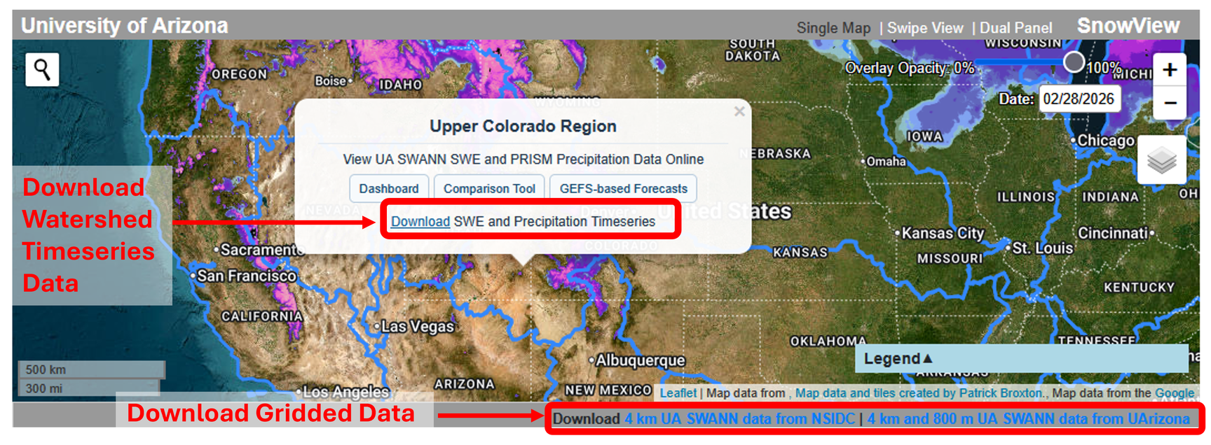 SnowView map showing the watershed timeseries Download link and the UA SWANN gridded data download links.