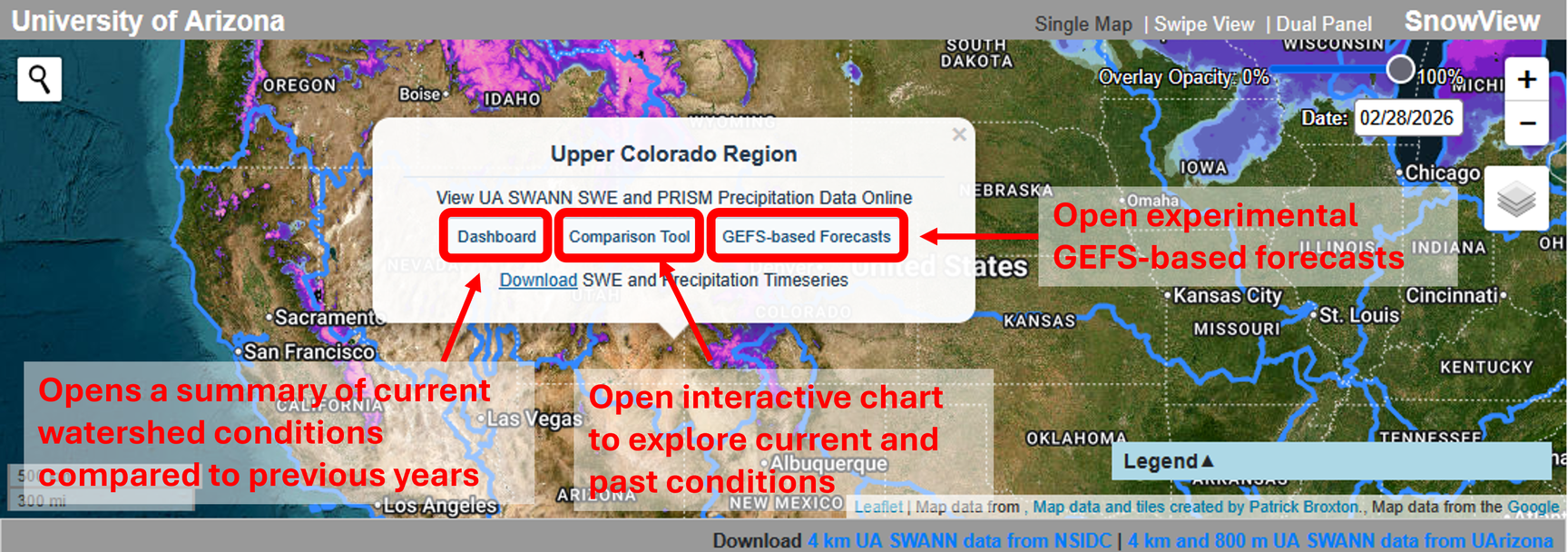 SnowView watershed popup showing Dashboard, Comparison Tool, and GEFS-based Forecasts options.